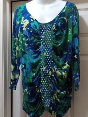$6>>Ruby Rd. Green and Blue Abstract Stud-Embellished Tunic Bust 46